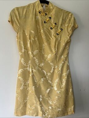 Gold Brocade Cheongsam-Style Mini Dress with Mandarin Collar